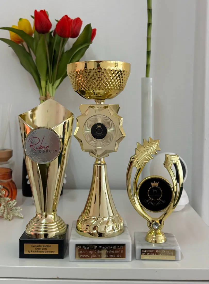 Valentina's international lash championship trophies at Bond Beauty Larnaca